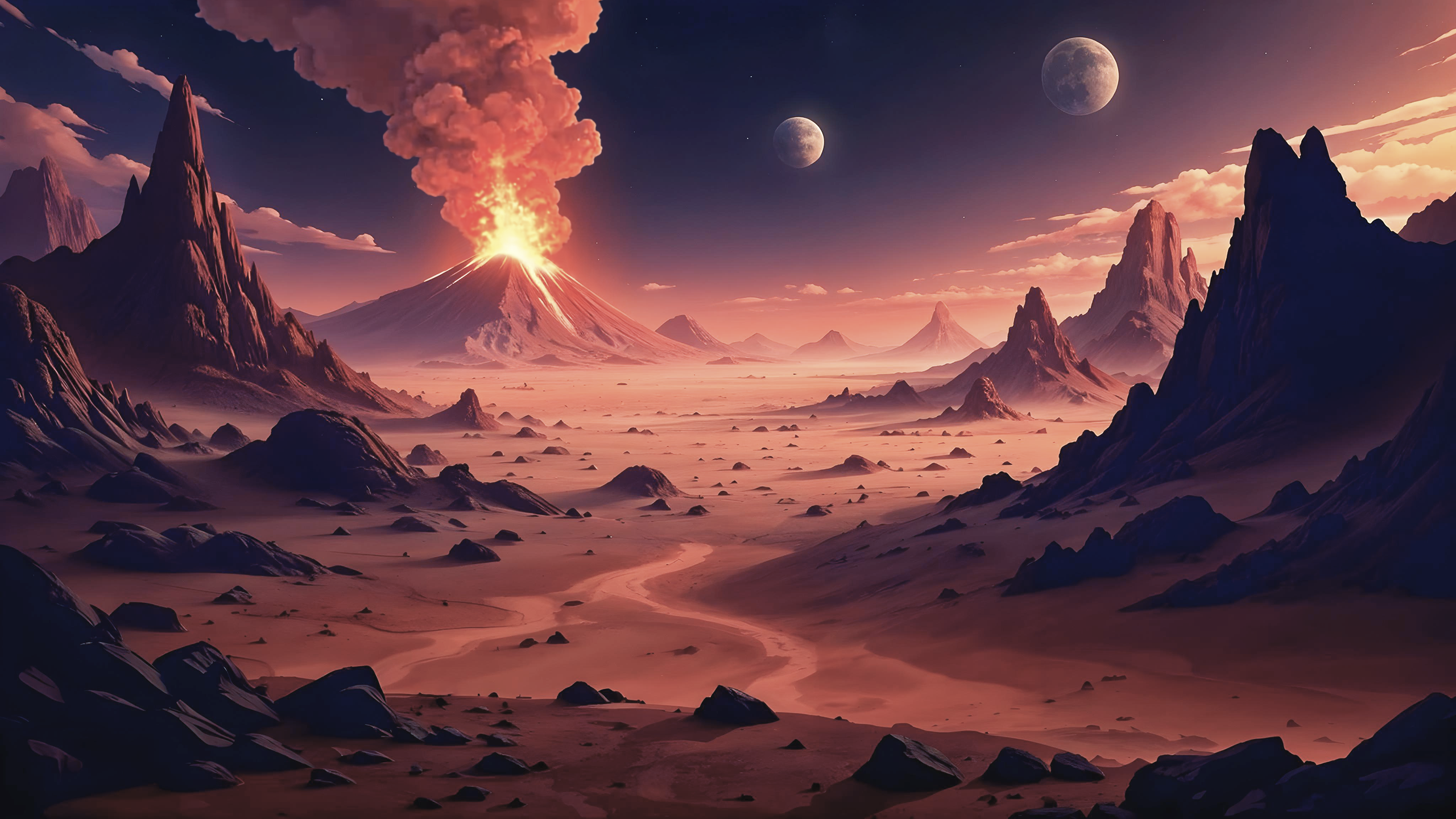 An erupting volcano on a red desolate planet.